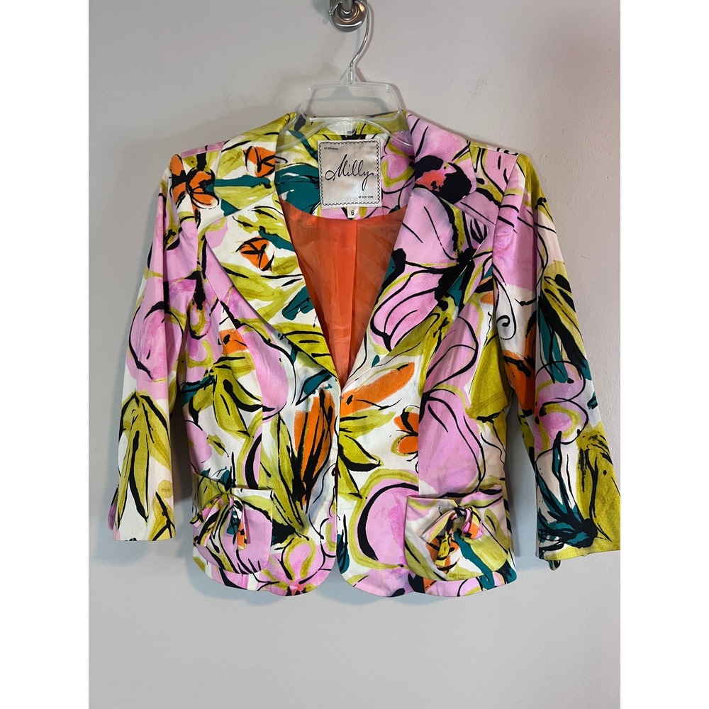 Milly of New York Floral Blazer Jacket Pink Green Orange Cotton Blend Size 6